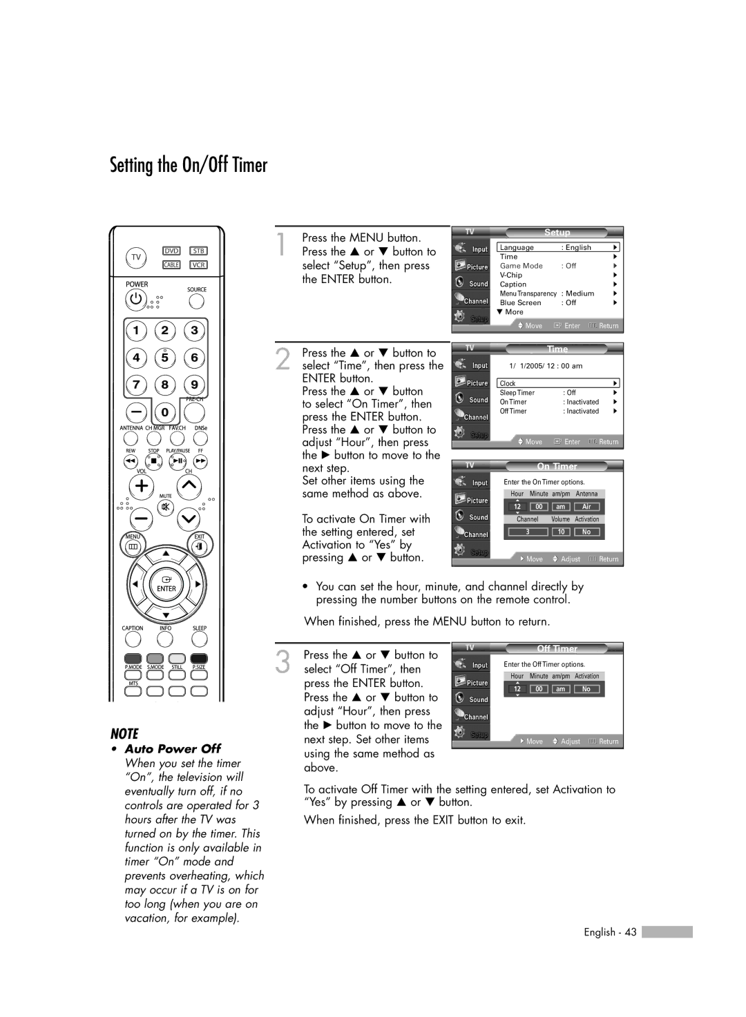 Samsung HL-S6165W manual Setting the On/Off Timer 