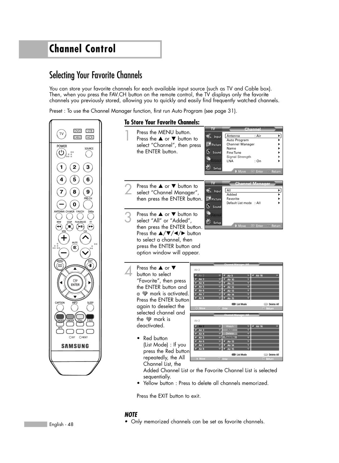 Samsung HL-S6165W manual Channel Control, Selecting Your Favorite Channels 