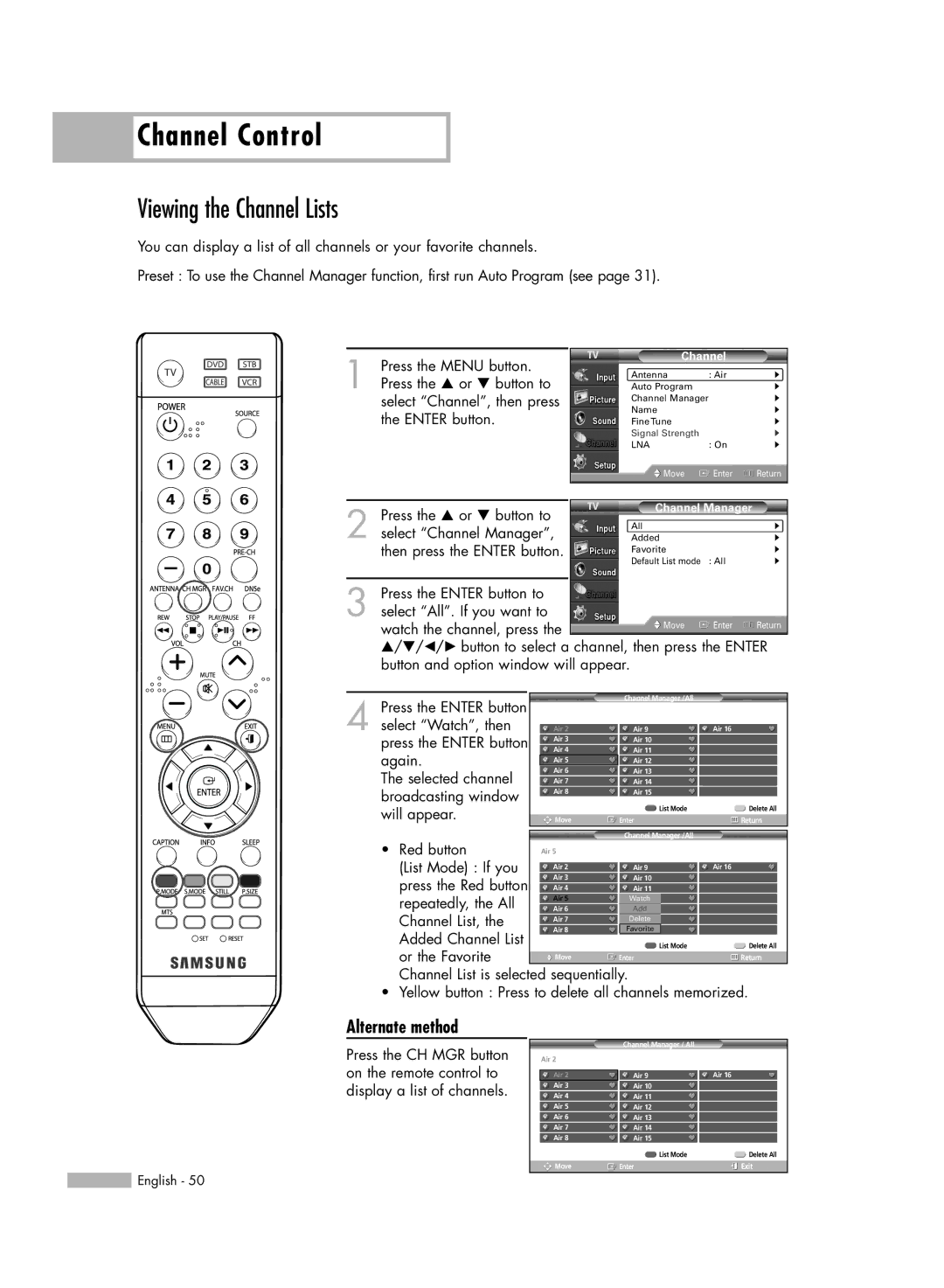 Samsung HL-S6165W manual Viewing the Channel Lists, Alternate method 