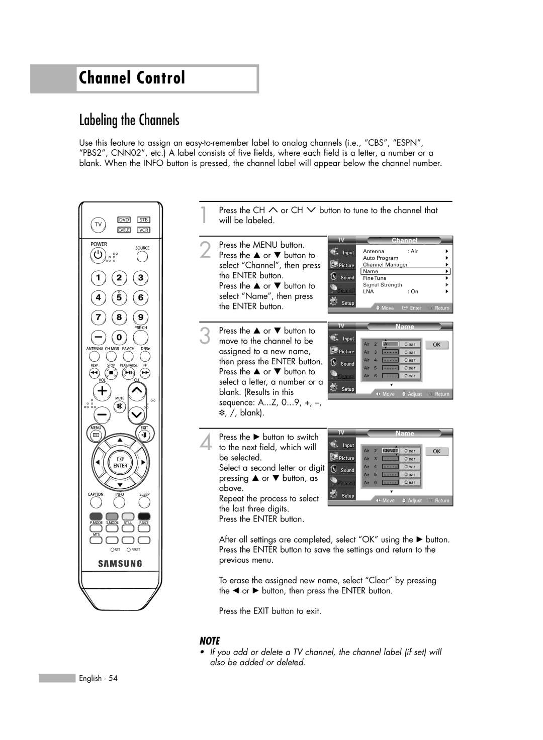 Samsung HL-S6165W manual Labeling the Channels 