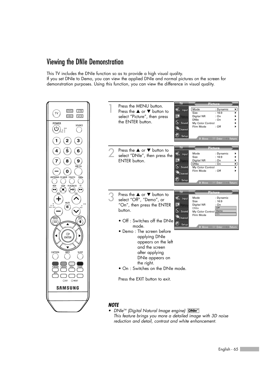 Samsung HL-S6165W manual Viewing the DNIe Demonstration, DNIeTM Digital Natural Image engine 