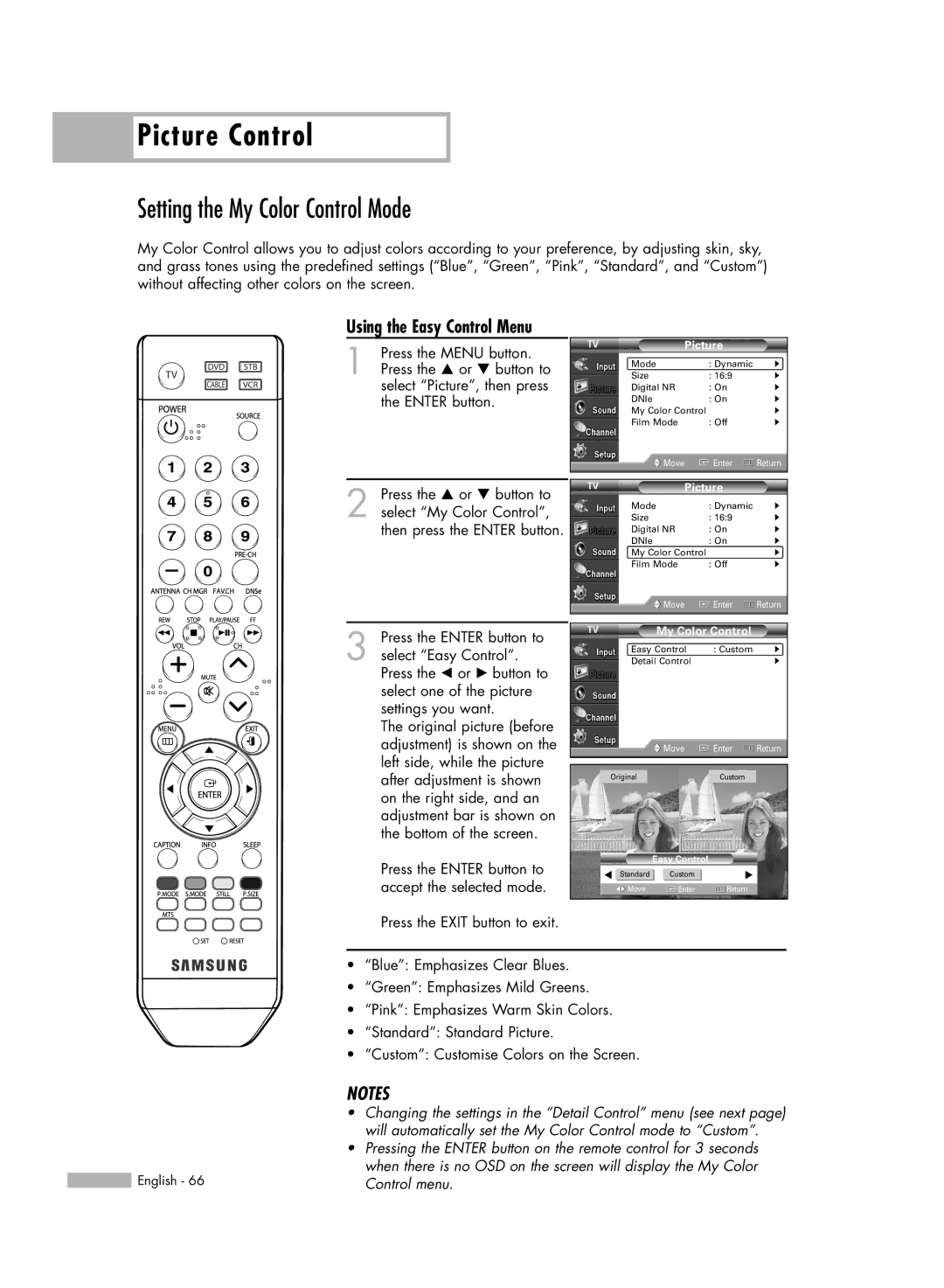 Samsung HL-S6165W manual Setting the My Color Control Mode, Using the Easy Control Menu 