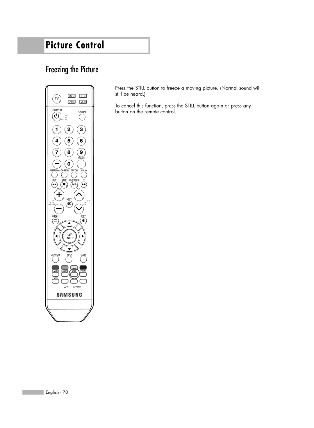 Samsung HL-S6165W manual Freezing the Picture 