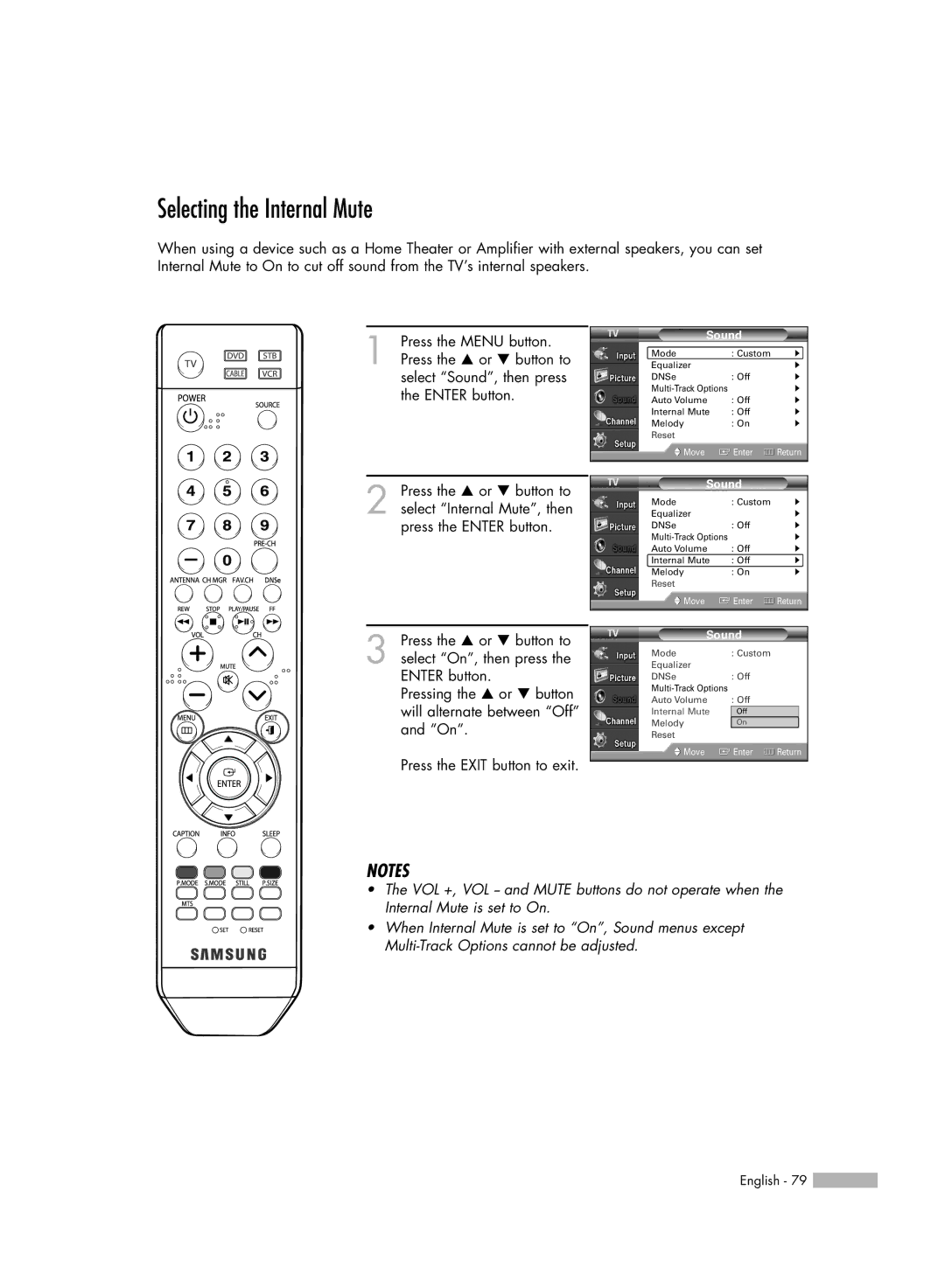 Samsung HL-S6165W manual Selecting the Internal Mute 