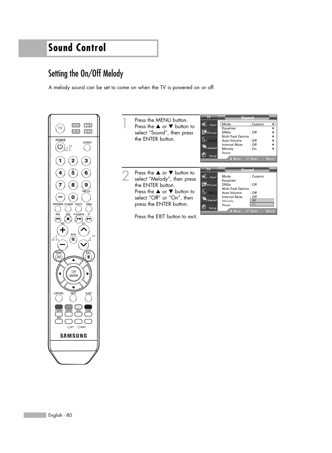 Samsung HL-S6165W manual Setting the On/Off Melody 