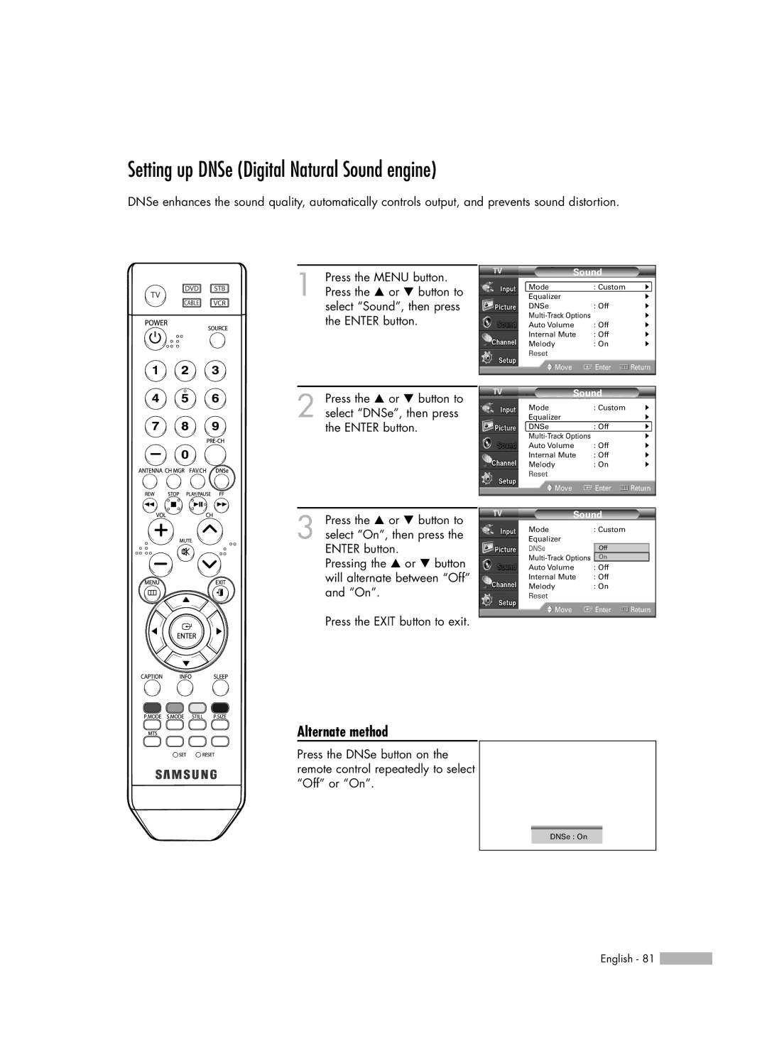 Samsung HL-S6165W manual Setting up DNSe Digital Natural Sound engine, Alternate method 