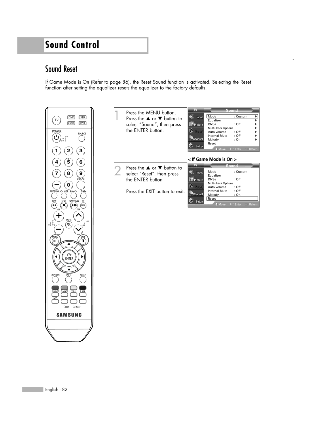 Samsung HL-S6165W manual Sound Reset, If Game Mode is On 