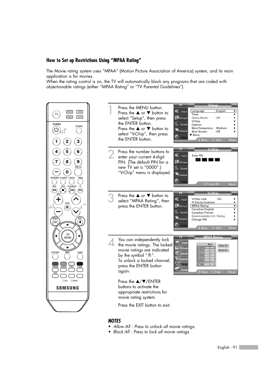 Samsung HL-S6165W manual How to Set up Restrictions Using Mpaa Rating 