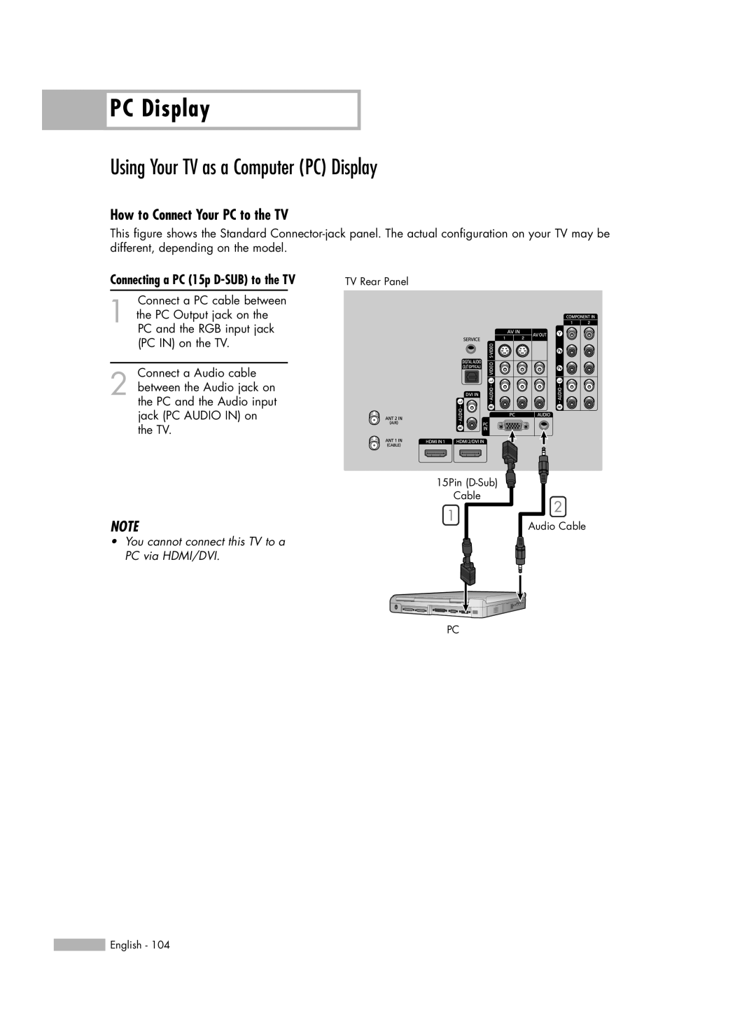 Samsung HL-S6166W, HL-S5066W, HL-S4666W, HL-S5666W Using Your TV as a Computer PC Display, How to Connect Your PC to the TV 