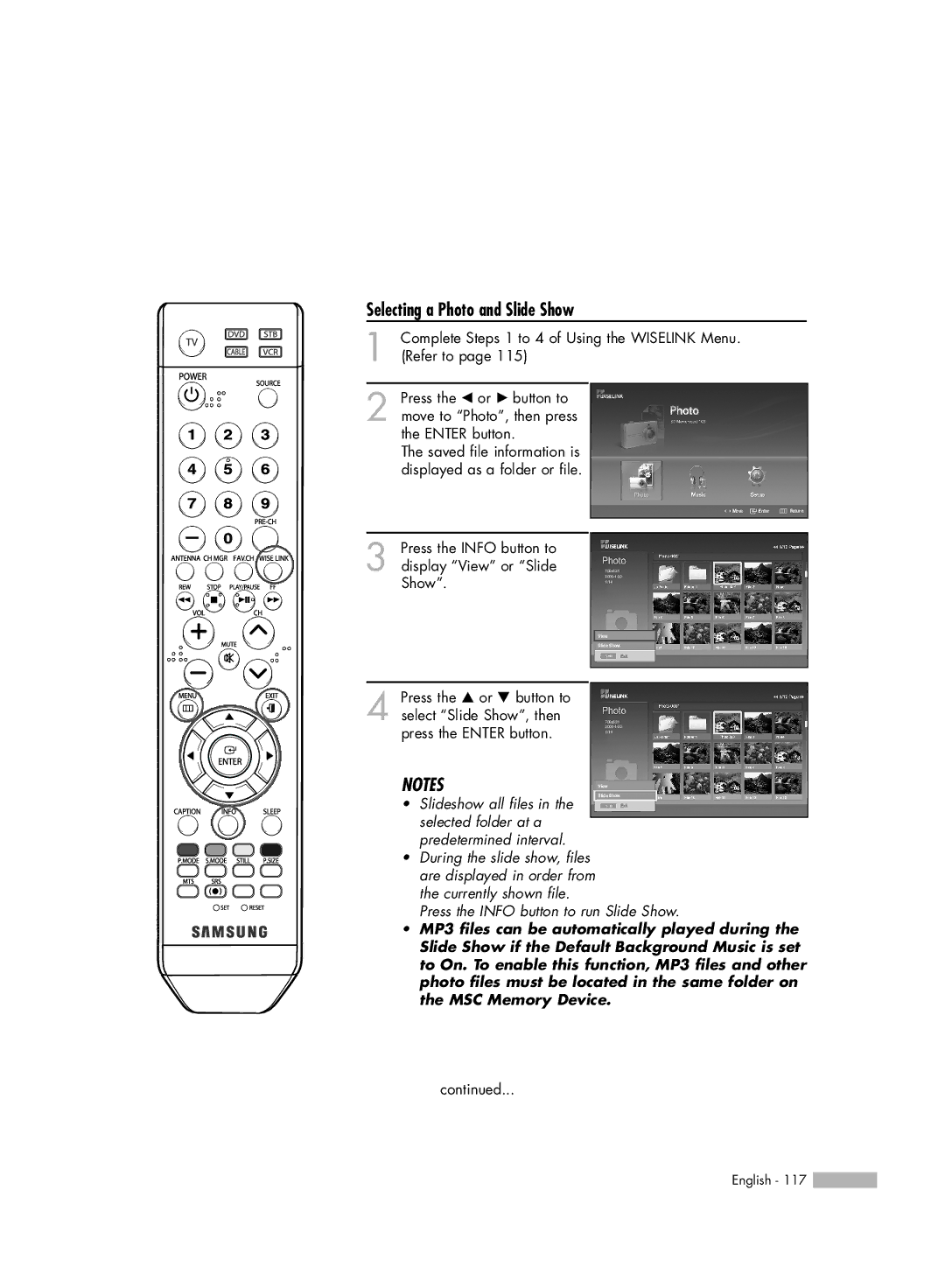 Samsung HL-S5066W, HL-S6166W, HL-S4666W, HL-S5666W manual Selecting a Photo and Slide Show 