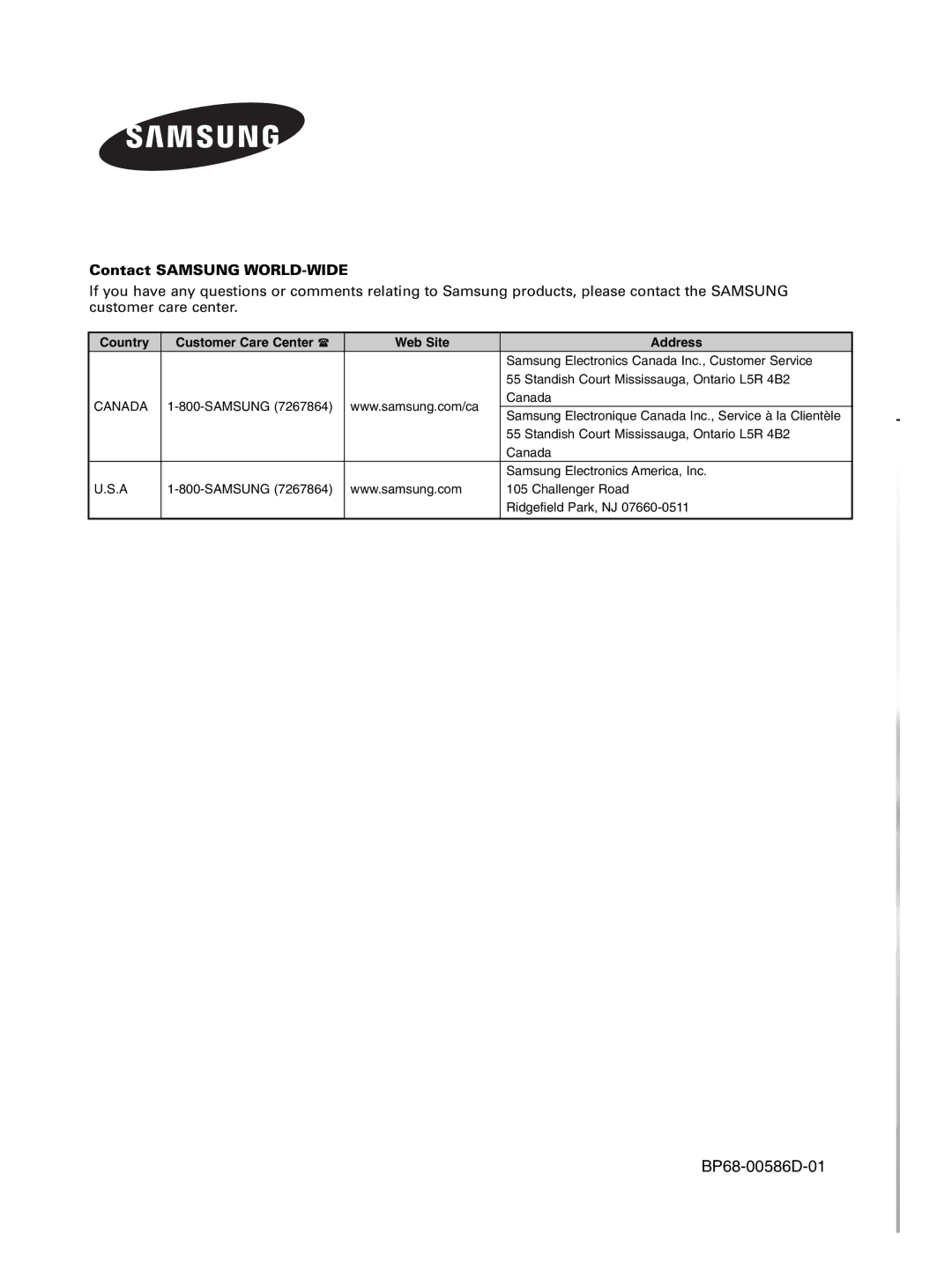 Samsung HL-S6166W, HL-S5066W, HL-S4666W, HL-S5666W Contact Samsung WORLD-WIDE, Country Customer Care Center Web Site Address 