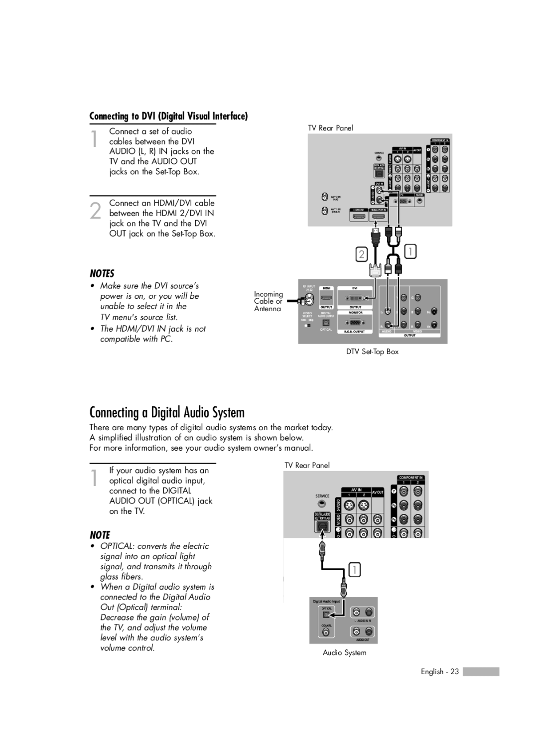 Samsung HL-S5666W, HL-S6166W, HL-S5066W manual Connecting a Digital Audio System, Connecting to DVI Digital Visual Interface 