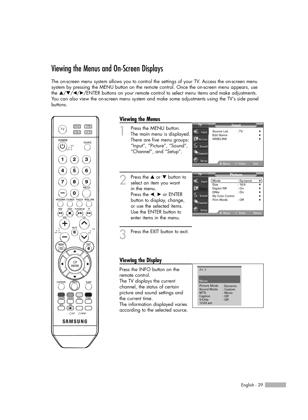 Samsung HL-S5066W, HL-S6166W, HL-S4666W, HL-S5666W manual Viewing the Menus and On-Screen Displays, Viewing the Display 