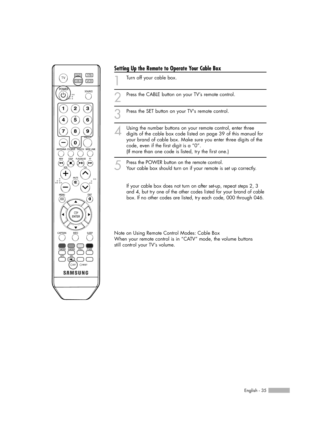 Samsung HL-S5666W, HL-S6166W, HL-S5066W, HL-S4666W manual Setting Up the Remote to Operate Your Cable Box 