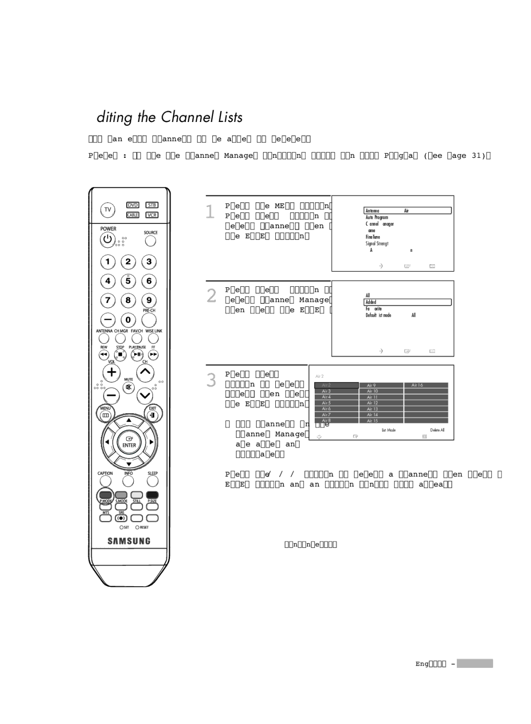 Samsung HL-S5666W, HL-S6166W, HL-S5066W, HL-S4666W manual Editing the Channel Lists 