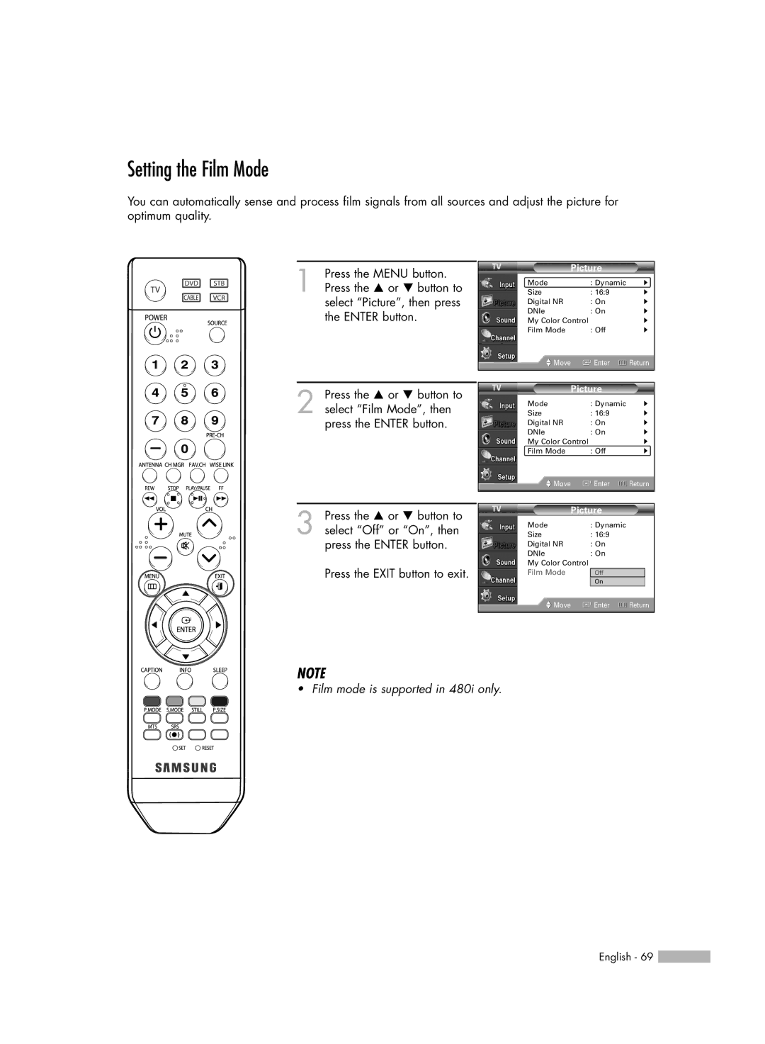 Samsung HL-S5066W, HL-S6166W, HL-S4666W, HL-S5666W manual Setting the Film Mode 