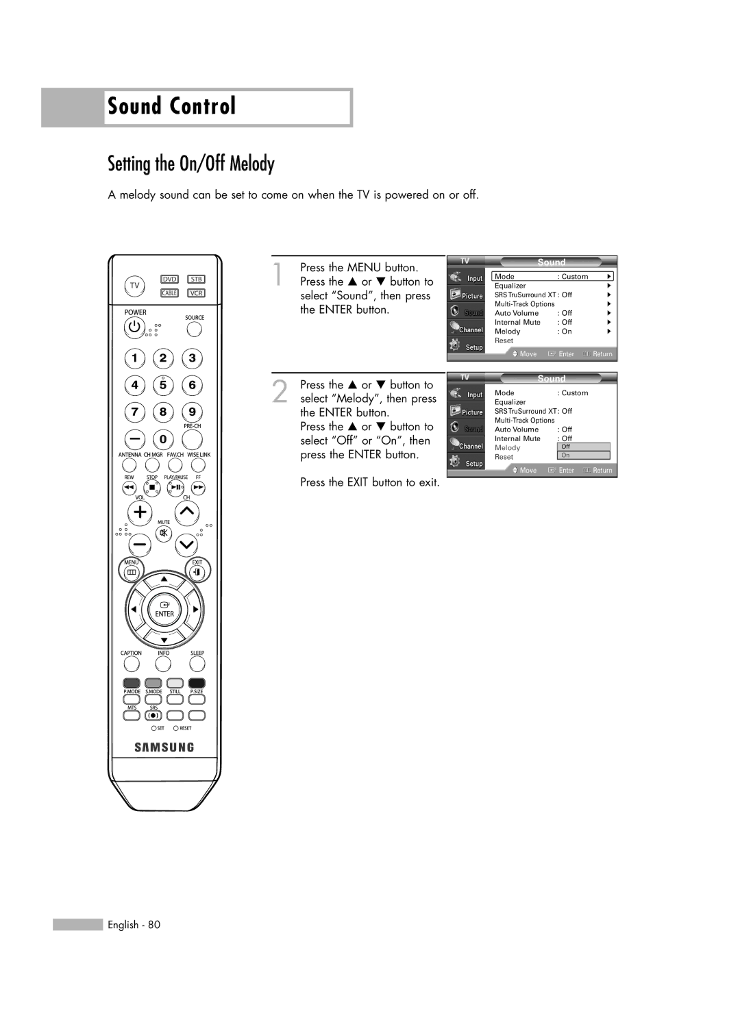 Samsung HL-S6166W, HL-S5066W, HL-S4666W, HL-S5666W manual Setting the On/Off Melody 