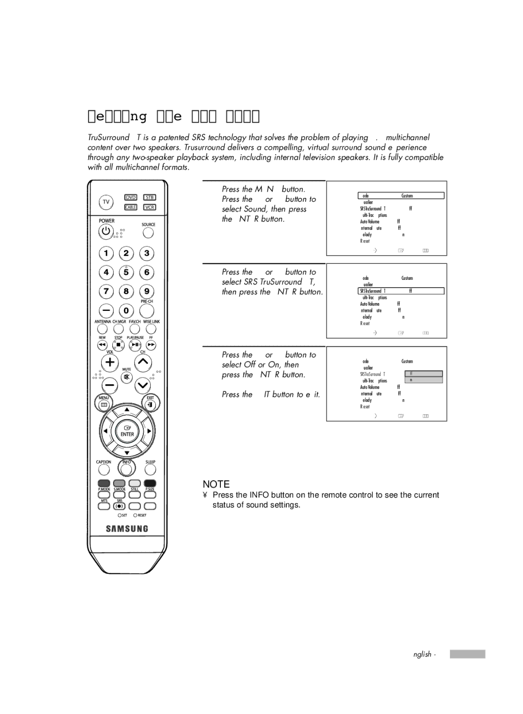 Samsung HL-S5066W, HL-S6166W, HL-S4666W, HL-S5666W manual Setting the SRS Tsxt 