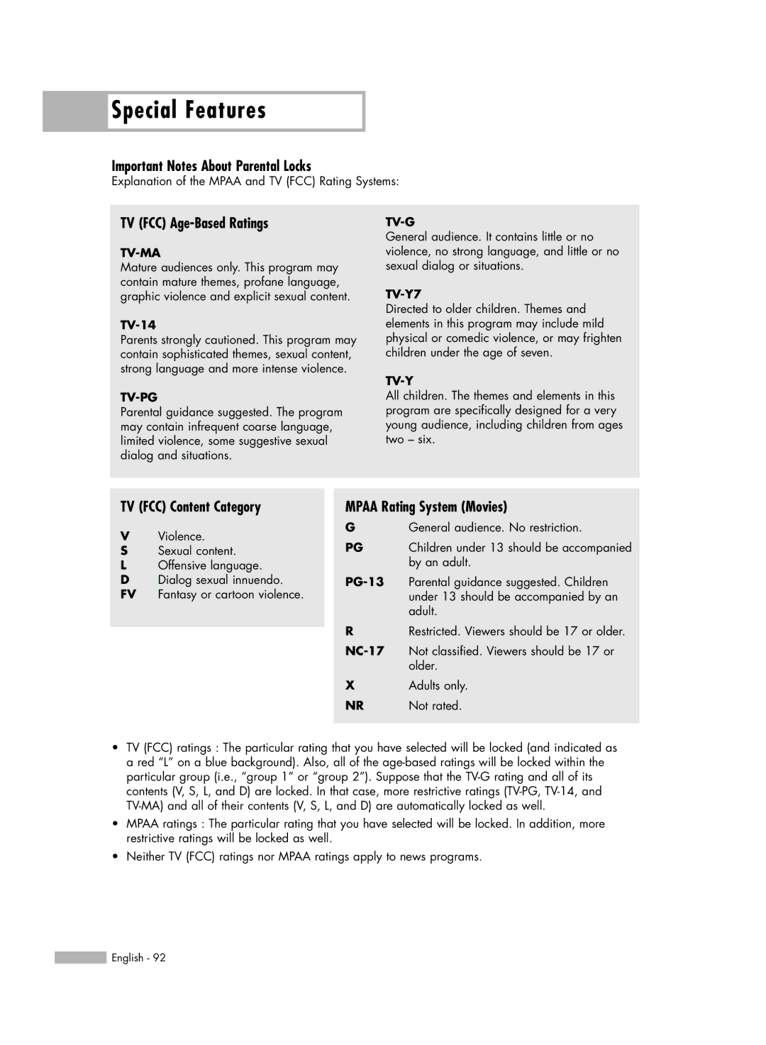 Samsung HL-S6166W, HL-S5066W manual Important Notes About Parental Locks, TV FCC Age-Based Ratings, TV FCC Content Category 