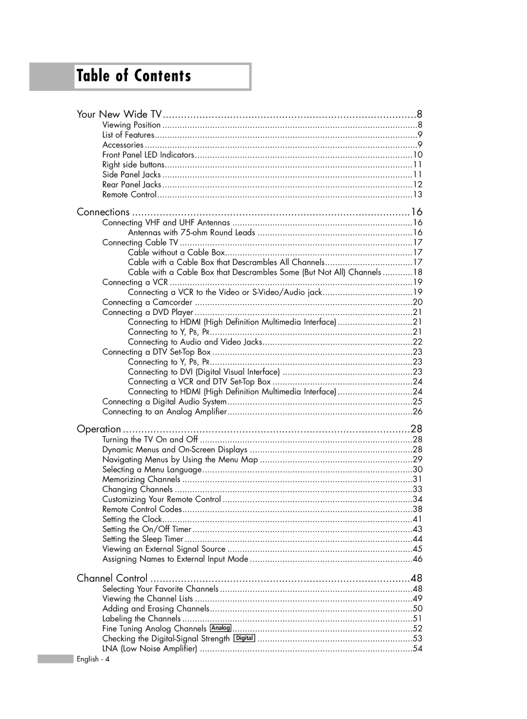 Samsung HL-S6167W, HL-S6767W manual Table of Contents 