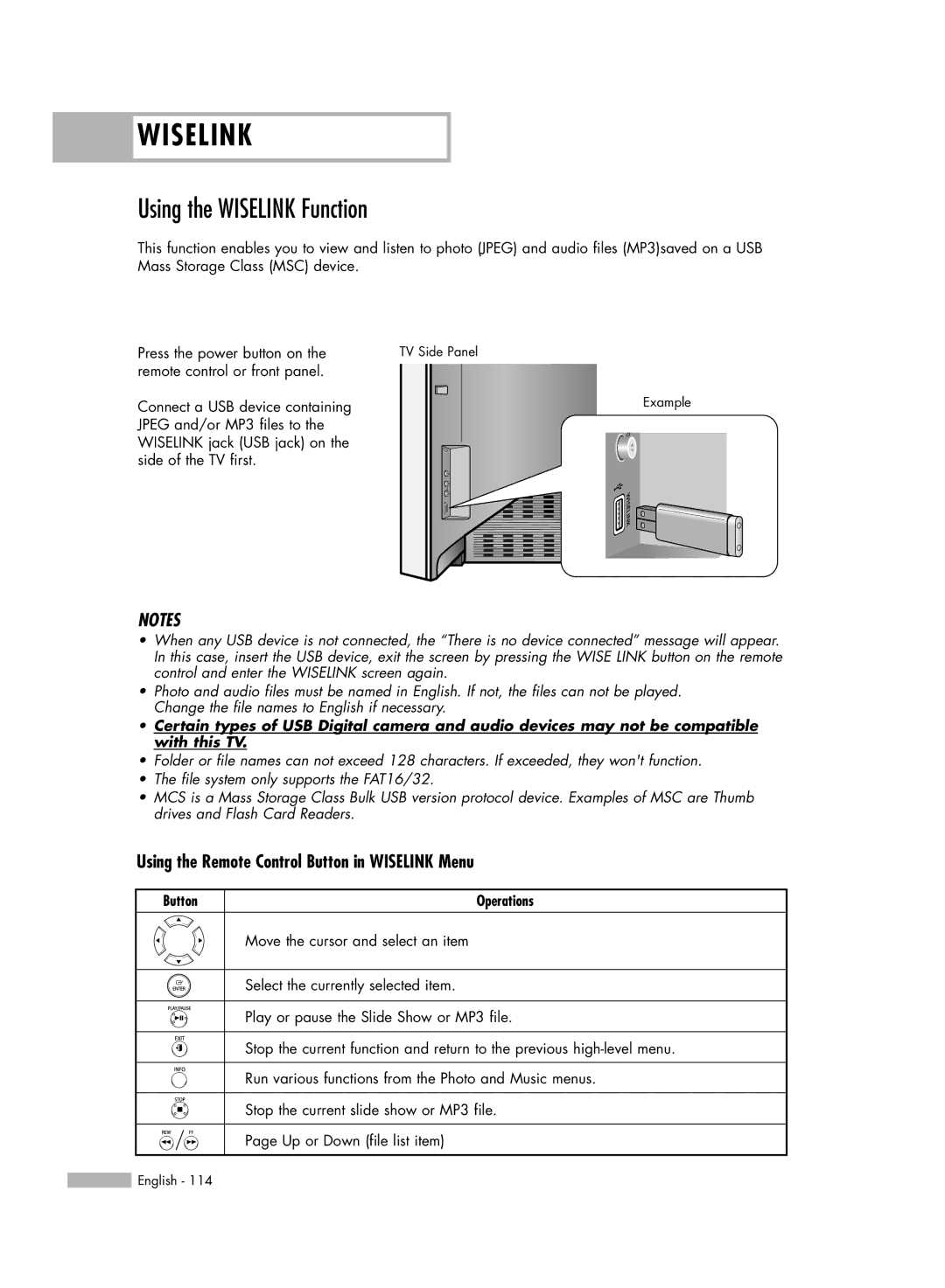 Samsung HL-S6186W, HL-S5686W manual Using the Wiselink Function, Using the Remote Control Button in Wiselink Menu 