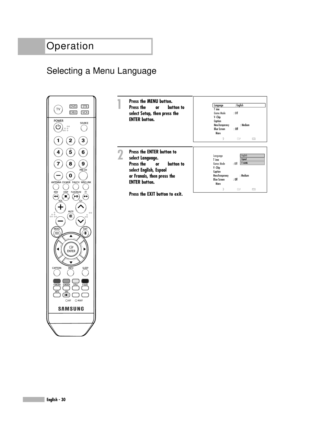 Samsung HL-S6186W, HL-S5686W manual Selecting a Menu Language, Setup 