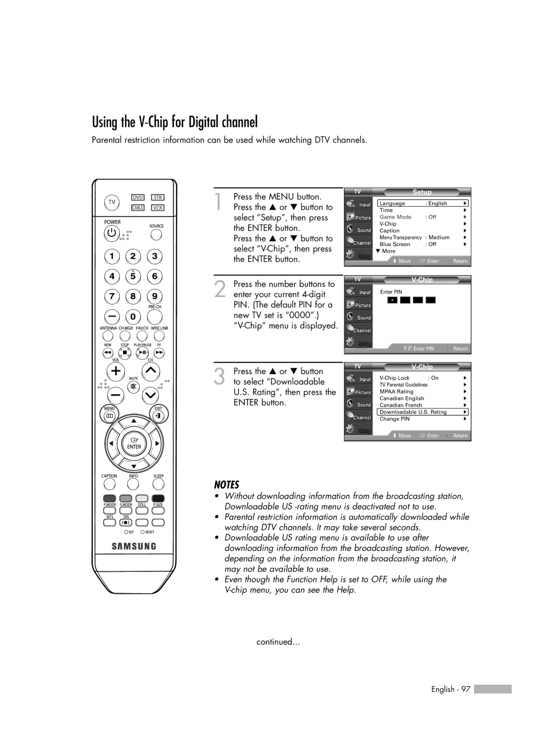 Samsung HL-S5686W, HL-S6186W manual Using the V-Chip for Digital channel 