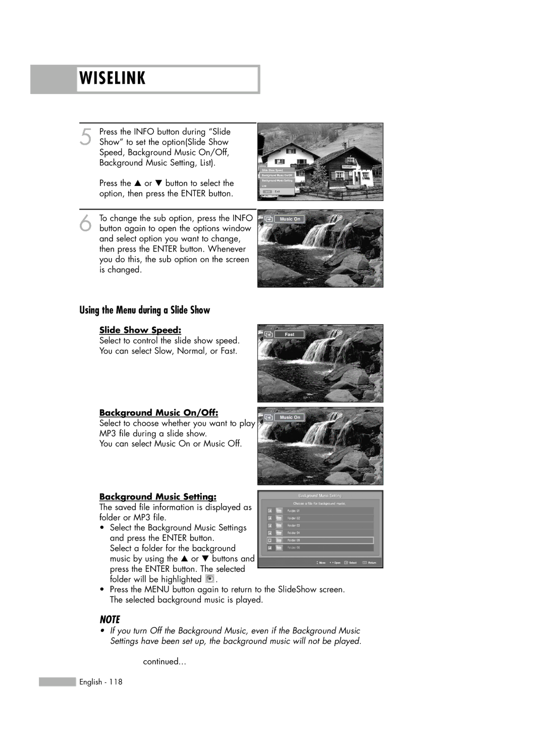 Samsung HL-S6186W Using the Menu during a Slide Show, Slide Show Speed, Background Music On/Off, Background Music Setting 