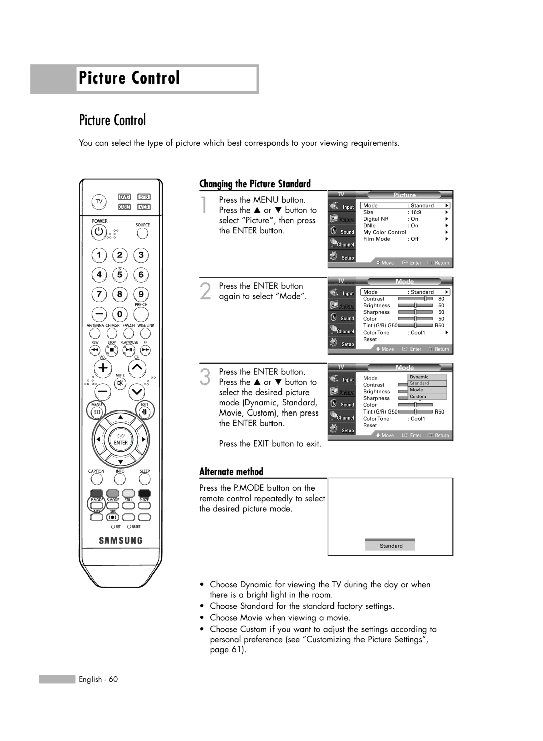 Samsung HL-S6186W, HL-S5686W manual Picture Control, Changing the Picture Standard 