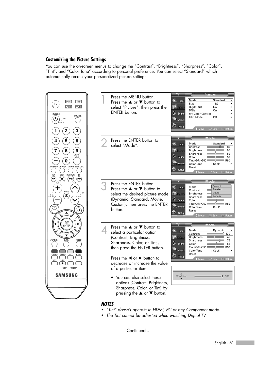 Samsung HL-S5686W, HL-S6186W manual Customizing the Picture Settings 