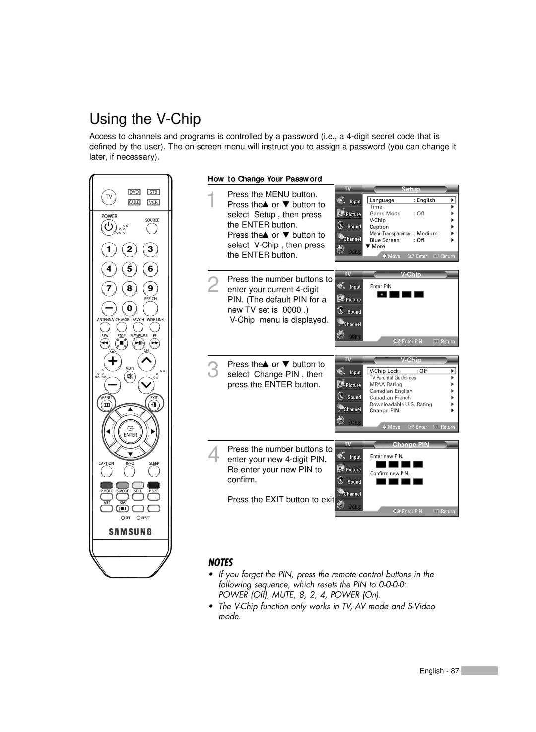 Samsung HL-S5686W, HL-S6186W manual Using the V-Chip, How to Change Your Password 