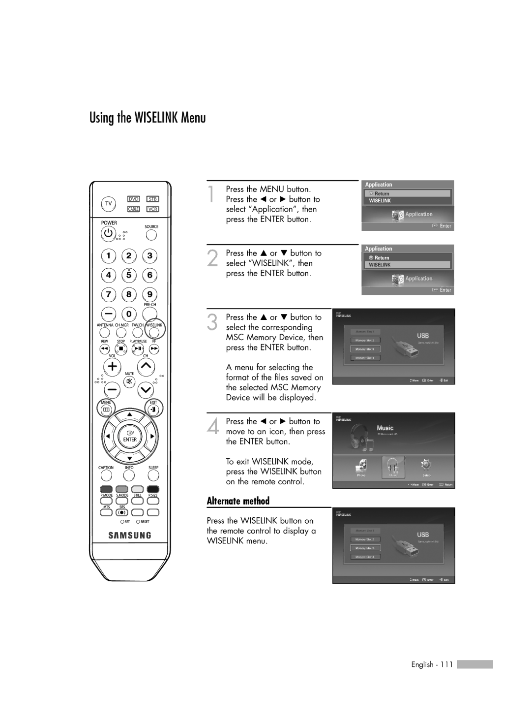 Samsung HL-S5687W, HL-S6187W manual Using the Wiselink Menu 