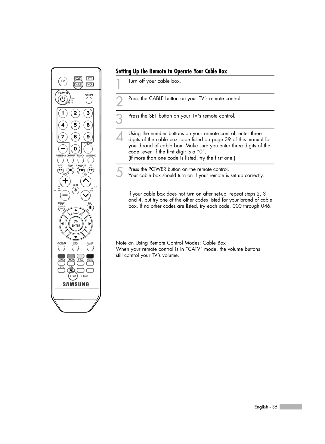 Samsung HL-S5687W, HL-S6187W manual Setting Up the Remote to Operate Your Cable Box 