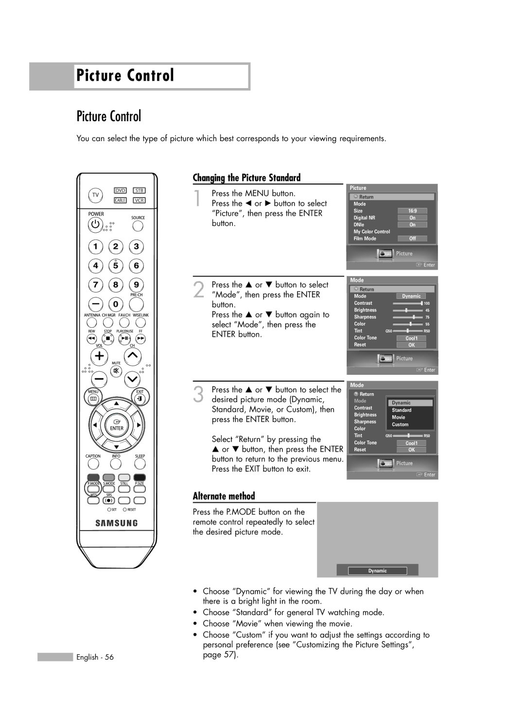 Samsung HL-S6187W, HL-S5687W manual Picture Control, Changing the Picture Standard 