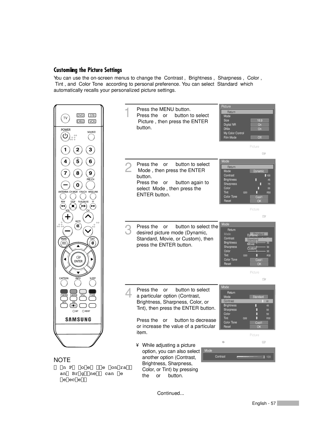 Samsung HL-S5687W, HL-S6187W manual Customizing the Picture Settings, PC mode, the Contrast and Brightness can be selected 