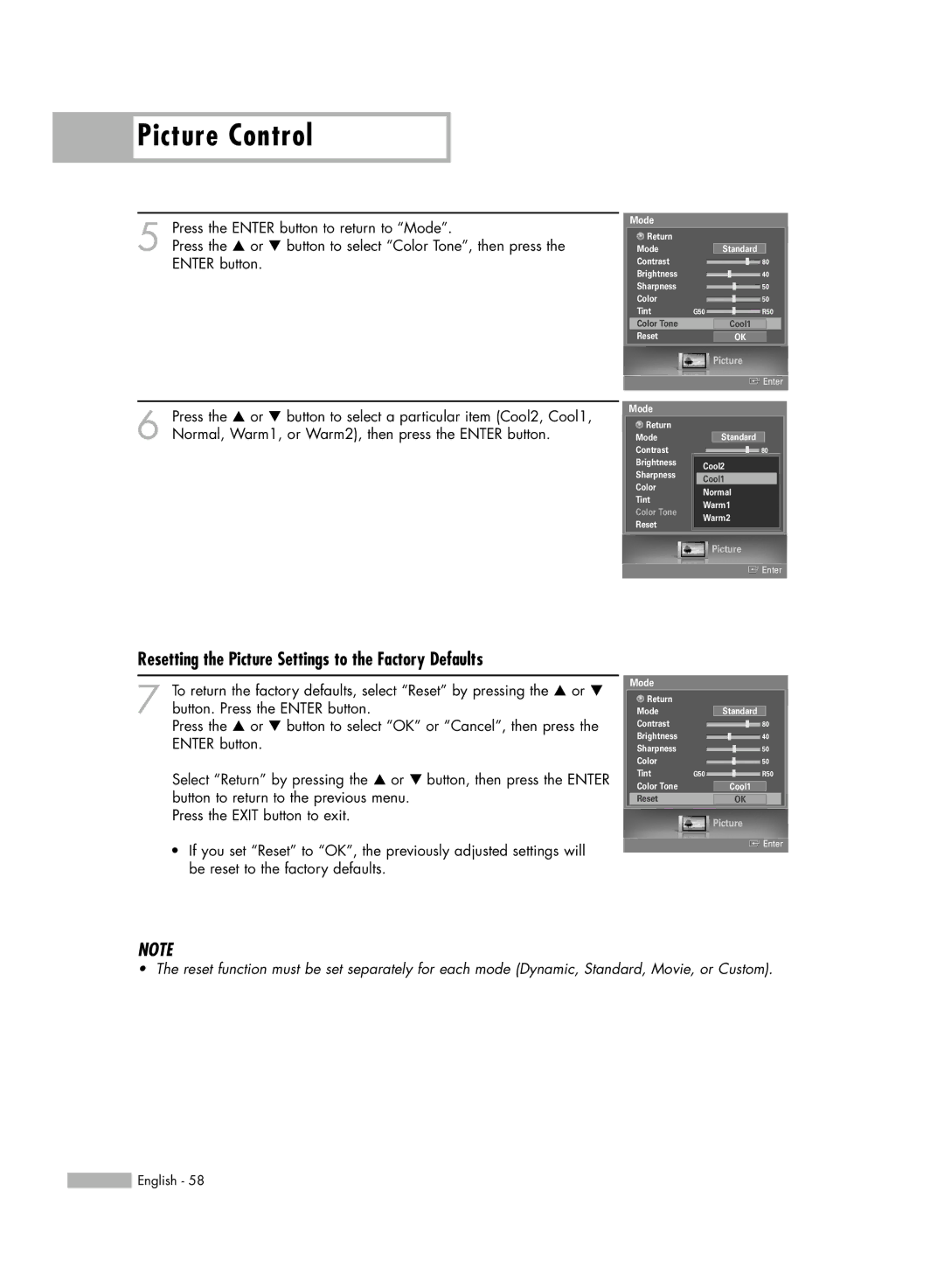 Samsung HL-S6187W, HL-S5687W manual Resetting the Picture Settings to the Factory Defaults 