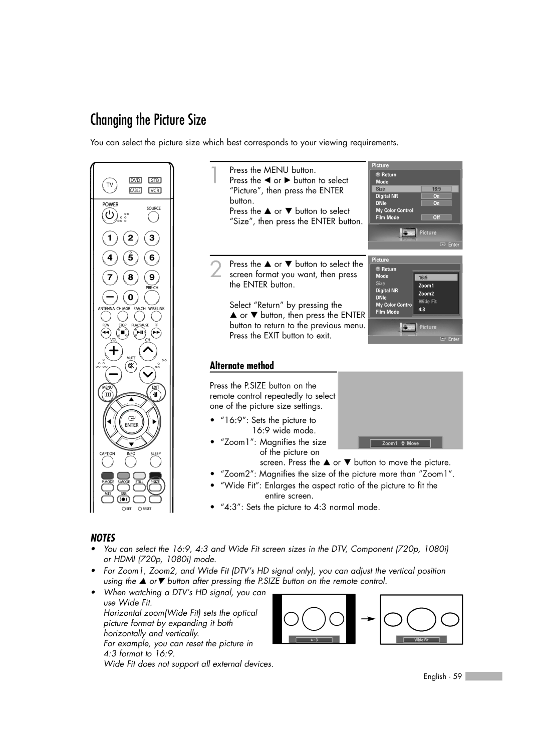 Samsung HL-S5687W, HL-S6187W manual Changing the Picture Size, Alternate method 