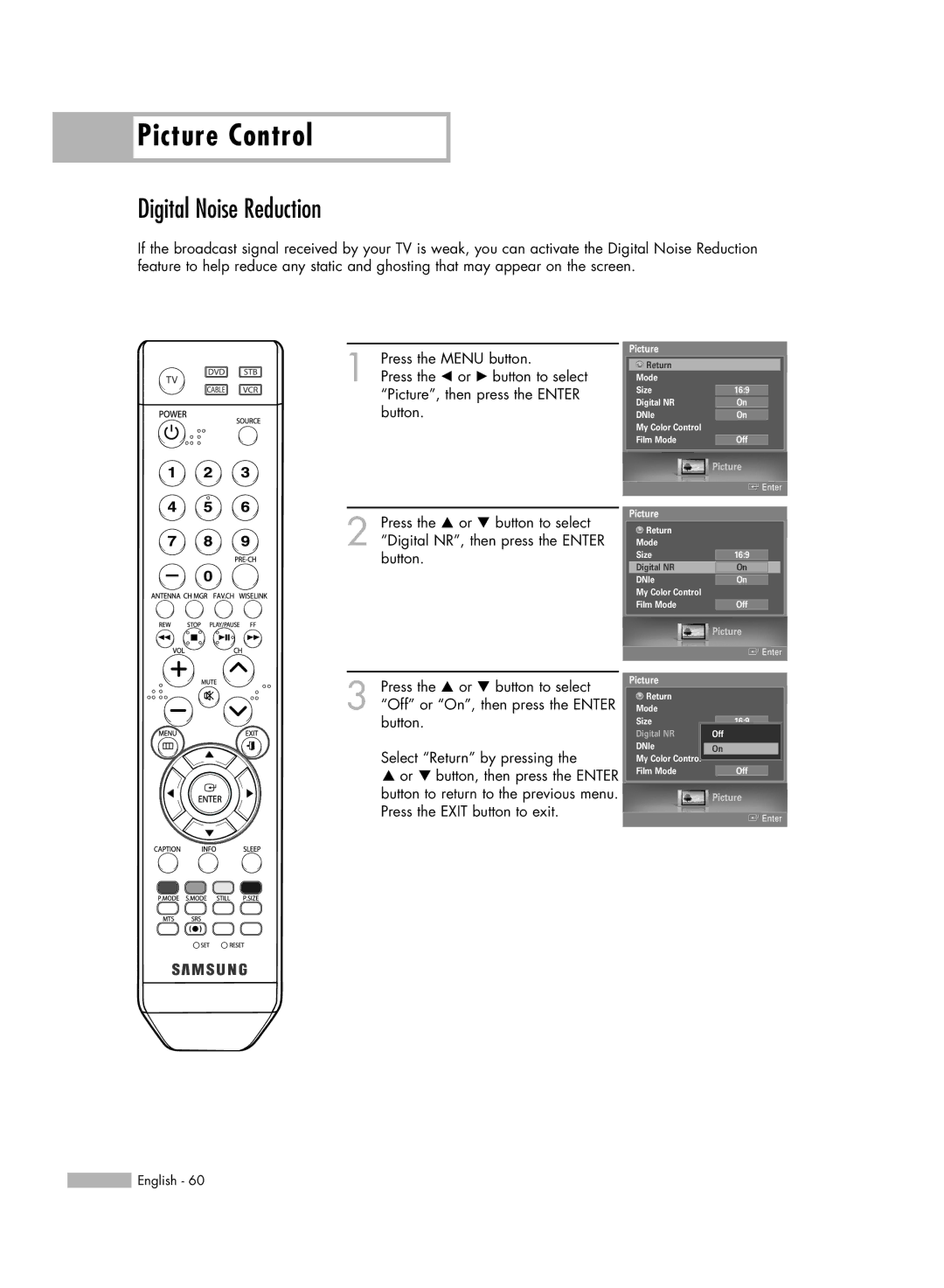 Samsung HL-S6187W, HL-S5687W manual Digital Noise Reduction 