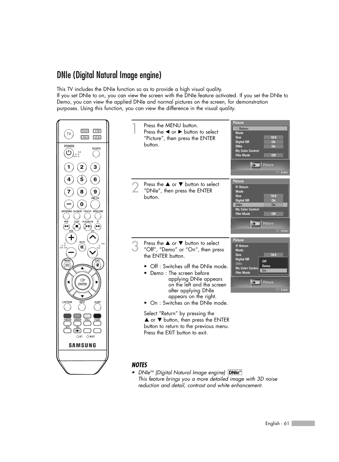 Samsung HL-S5687W, HL-S6187W DNIe Digital Natural Image engine, On Switches on the DNIe mode Select Return by pressing 