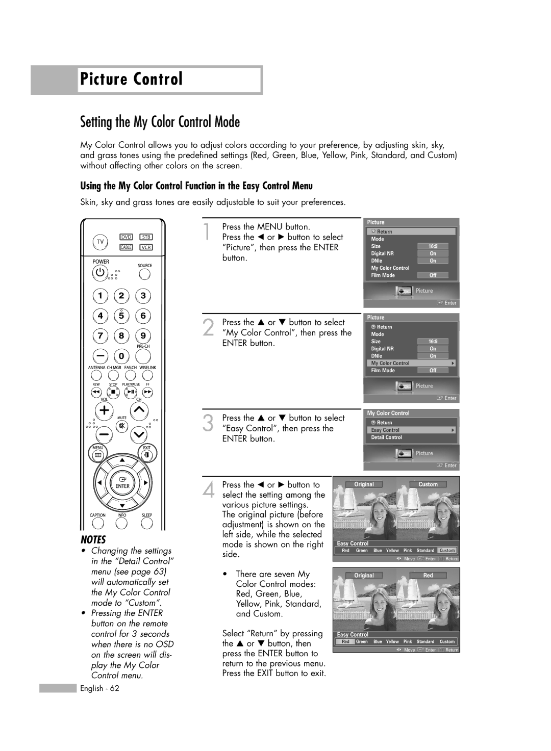 Samsung HL-S6187W manual Setting the My Color Control Mode, Using the My Color Control Function in the Easy Control Menu 