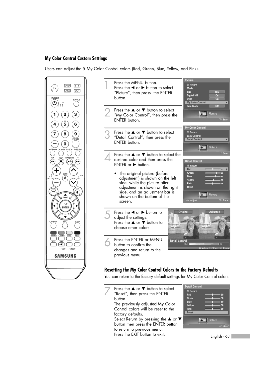 Samsung HL-S5687W, HL-S6187W manual My Color Control Custom Settings 