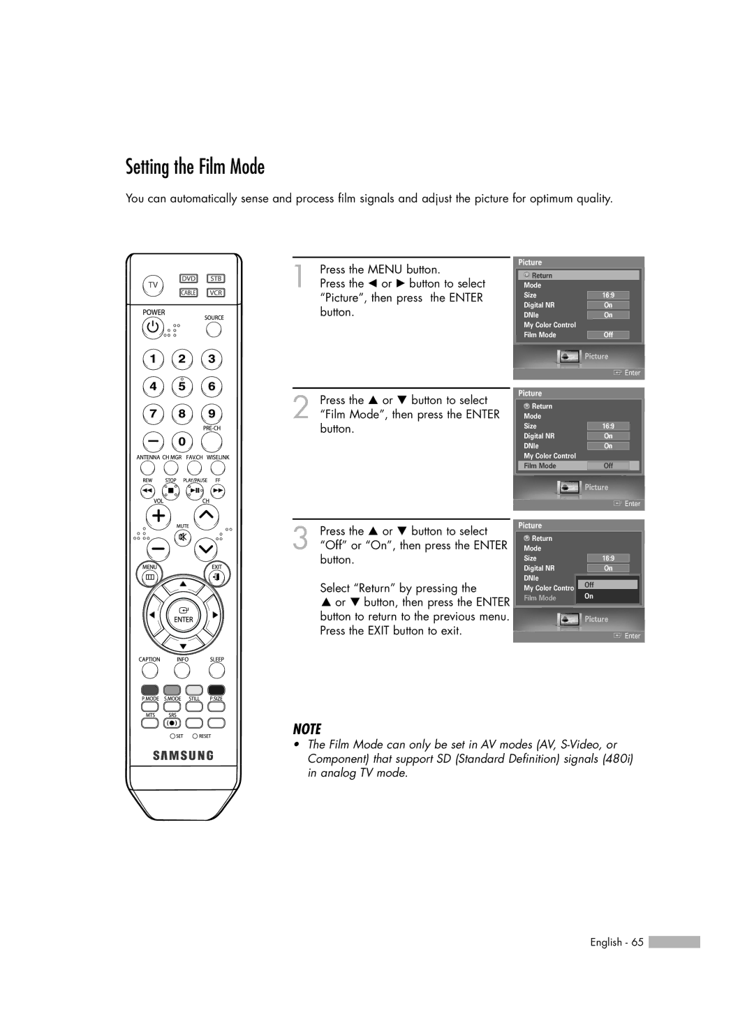 Samsung HL-S5687W, HL-S6187W manual Setting the Film Mode 