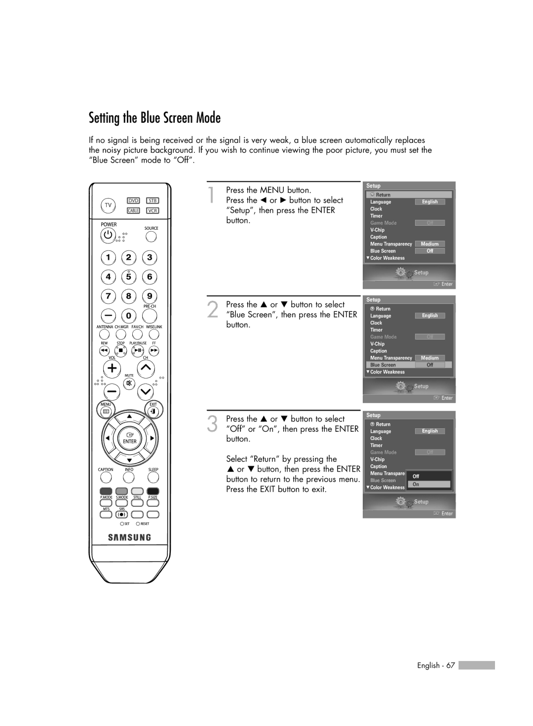 Samsung HL-S5687W, HL-S6187W manual Setting the Blue Screen Mode 