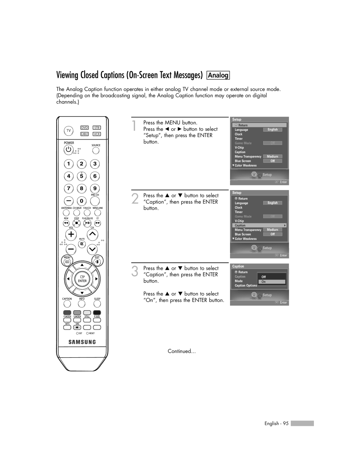 Samsung HL-S5687W, HL-S6187W manual Viewing Closed Captions On-Screen Text Messages 