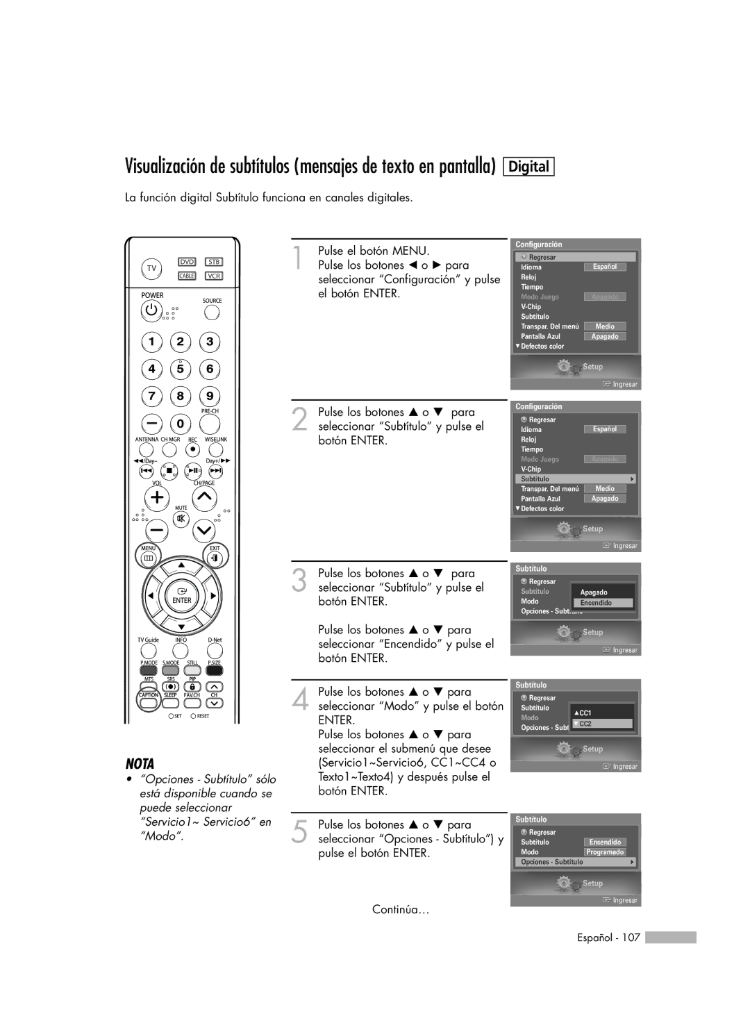 Samsung HL-S5688W, HL-S6188W, HL-S7178W, SP-71L8UH, HL-S5088W manual Opciones Subtítulo sólo 