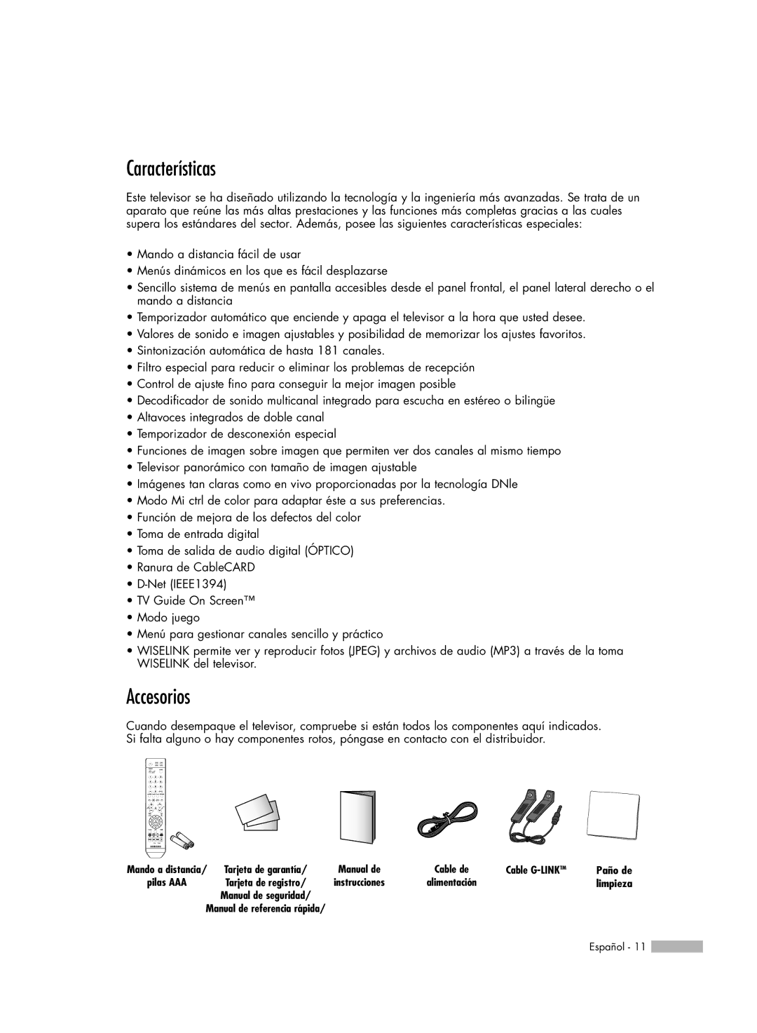 Samsung HL-S7178W, HL-S6188W, HL-S5688W, SP-71L8UH, HL-S5088W manual Características, Accesorios 