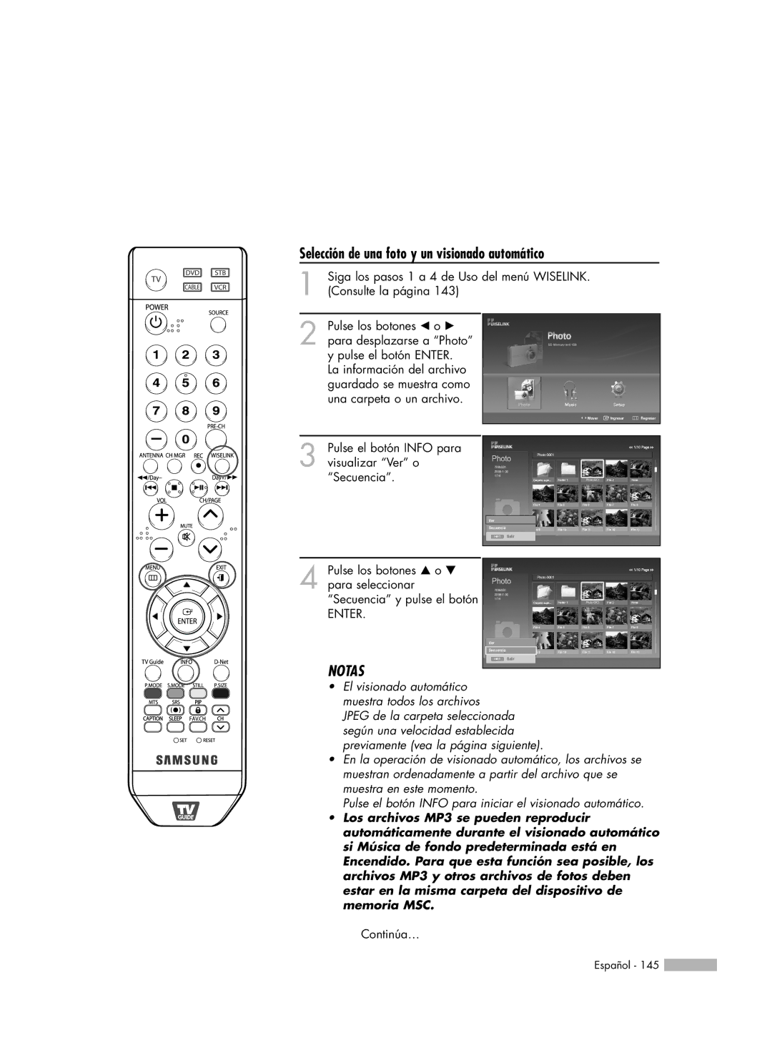 Samsung HL-S6188W Selección de una foto y un visionado automático, Pulse el botón Info para visualizar Ver o Secuencia 