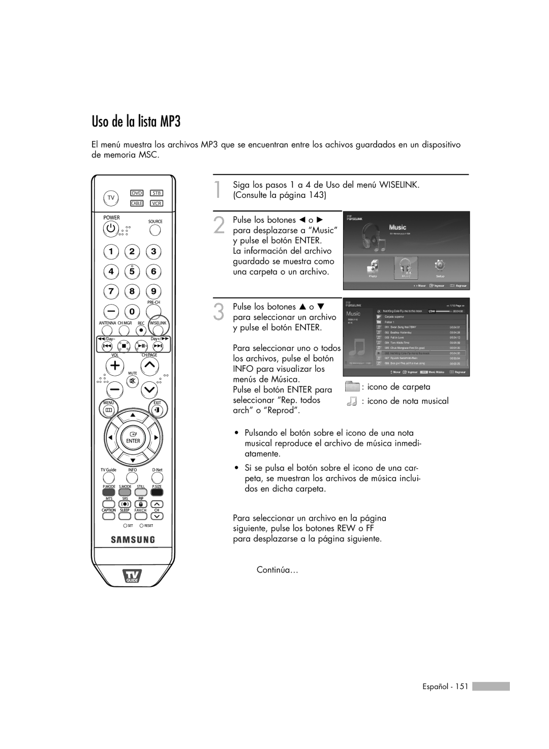 Samsung HL-S7178W, HL-S6188W, HL-S5688W, SP-71L8UH, HL-S5088W manual Uso de la lista MP3, Arch o Reprod 