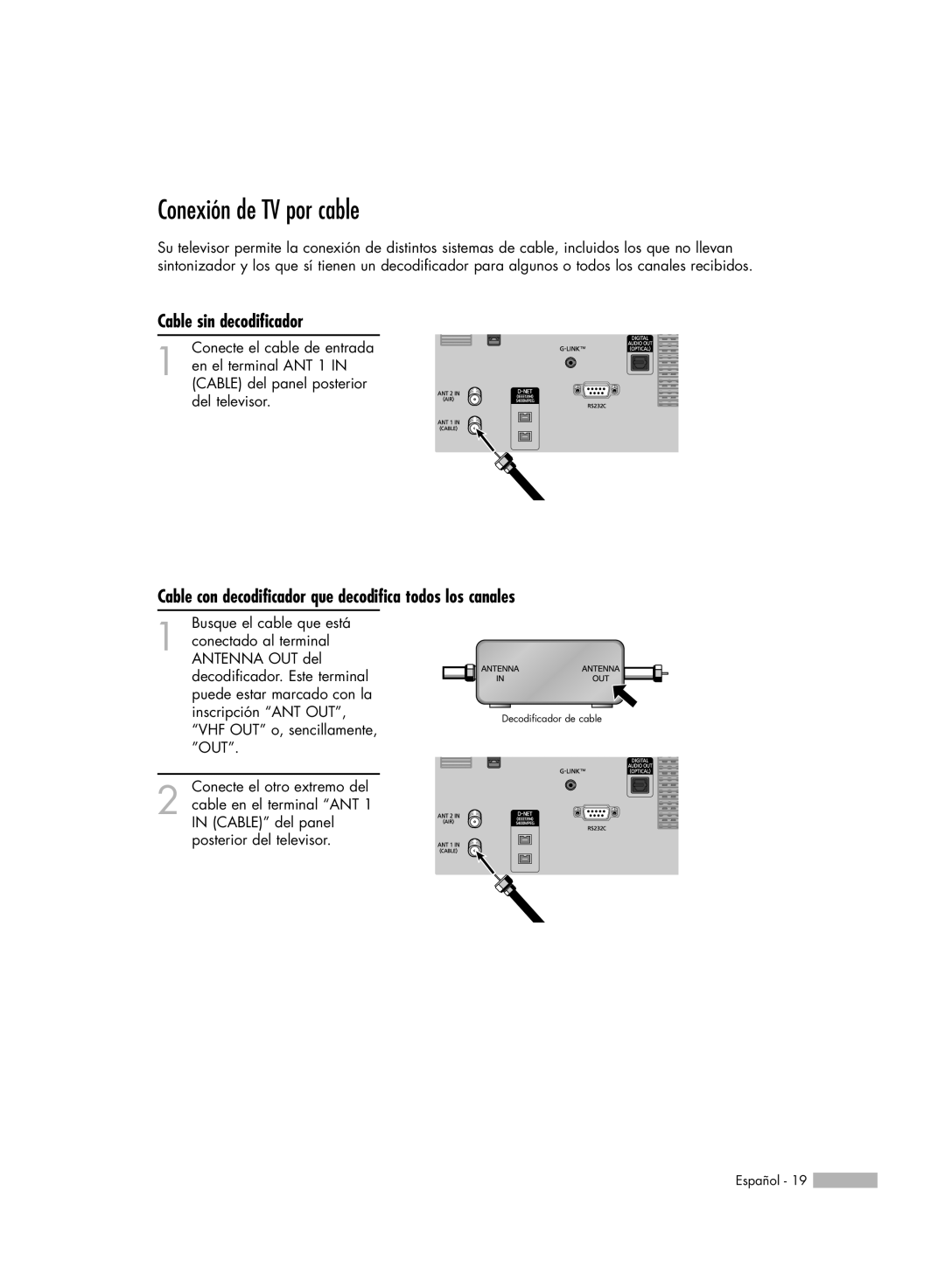 Samsung HL-S5088W, HL-S6188W, HL-S7178W, HL-S5688W, SP-71L8UH manual Conexión de TV por cable, Cable sin decodificador 