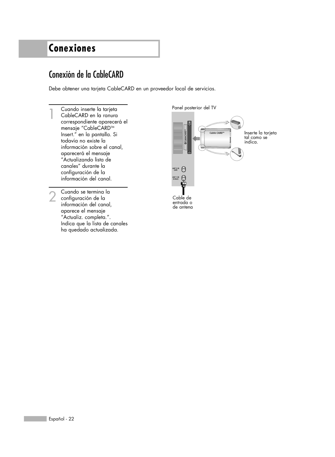 Samsung HL-S5688W, HL-S6188W, HL-S7178W, SP-71L8UH, HL-S5088W manual Conexión de la CableCARD 